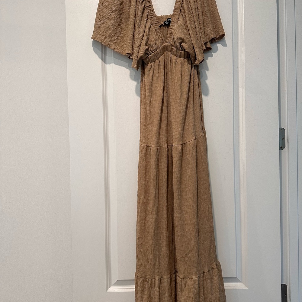 Brown Maxi Dress with Flutter Sleeves